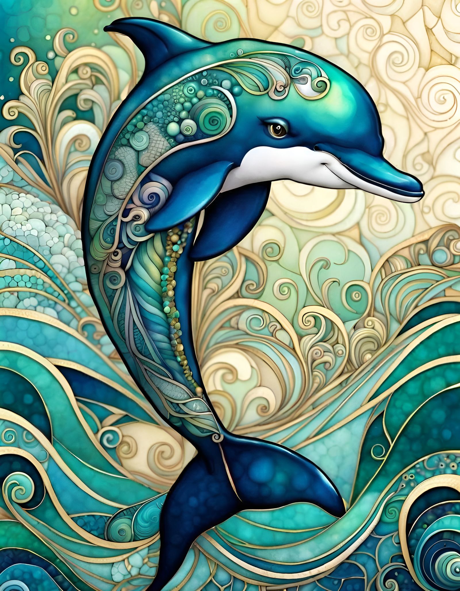 Zentangle Dolphin Portrait in Alcohol Ink Style