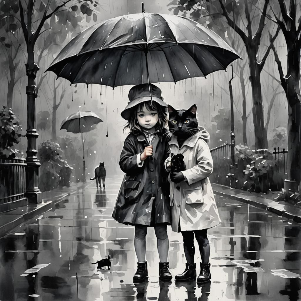Black and White Gouache Painting: Girl, Cat, Rain