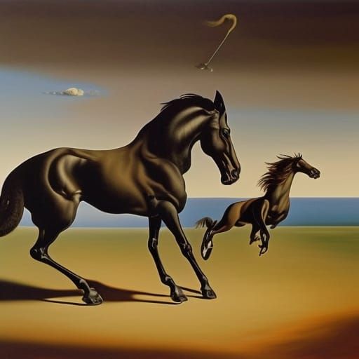 Surreal Black Horse Leaping: Dali Style
