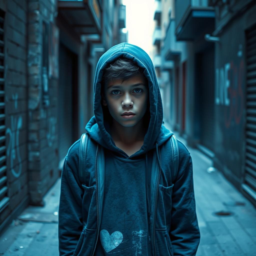 Urban Homeless Youth Portrait in Monochromatic Blue