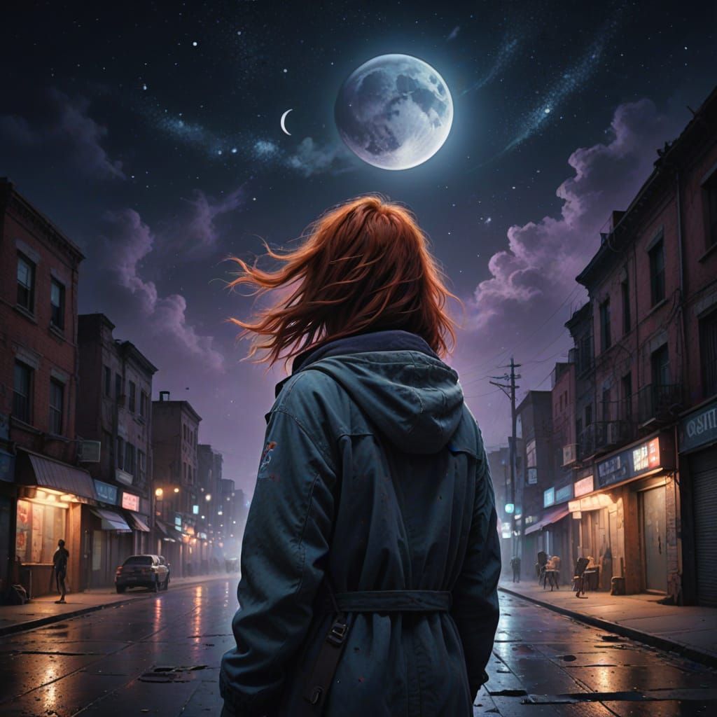 Red-Haired Woman Reaches for Moon in Dry Pastel Style
