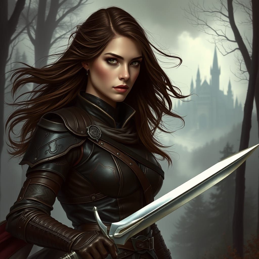 Ethereal Female Warrior at the Edge of a Misty Forest in Dar...