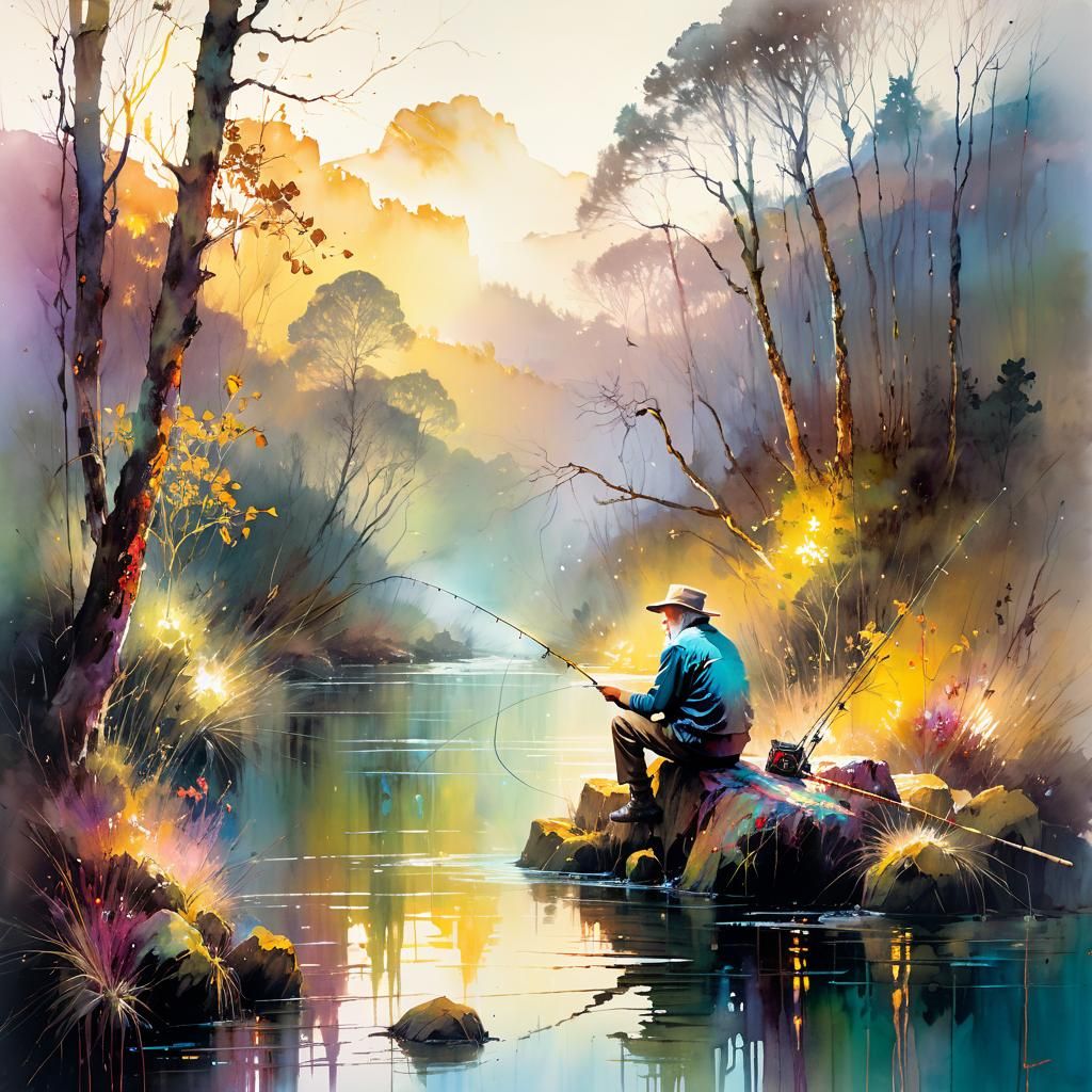 Romantic Landscape: Fisherman in Misty Woodlands