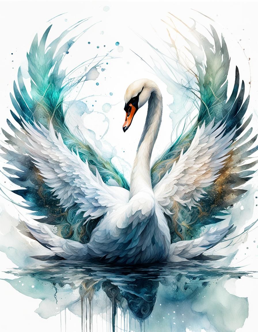 Magical Swan: Digital Watercolor Double Exposure