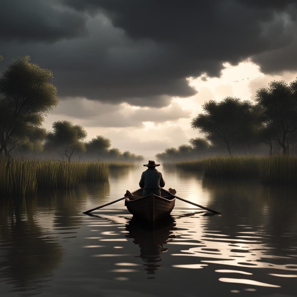 Bayou Boatman's Journey Home Under Dark Skies