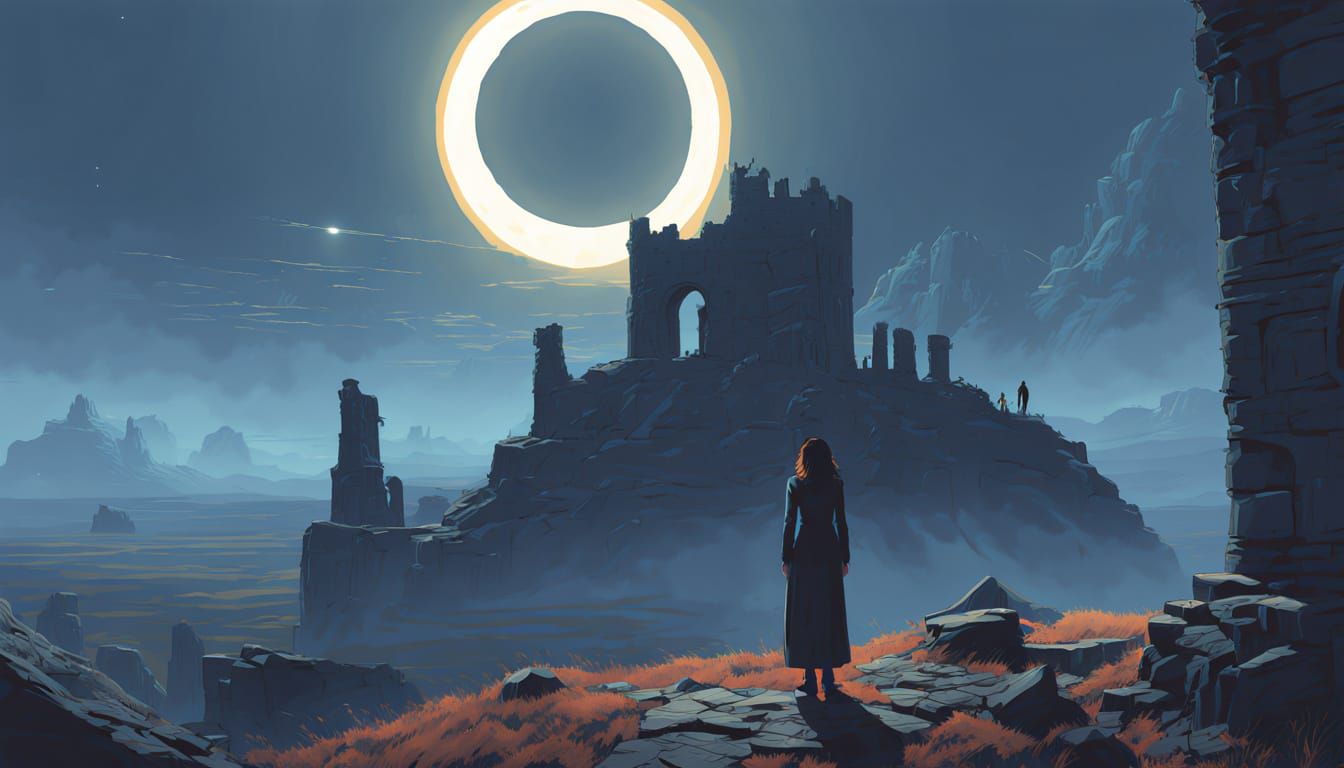 Ethereal Woman Amidst Total Solar Eclipse in a Futuristic La...