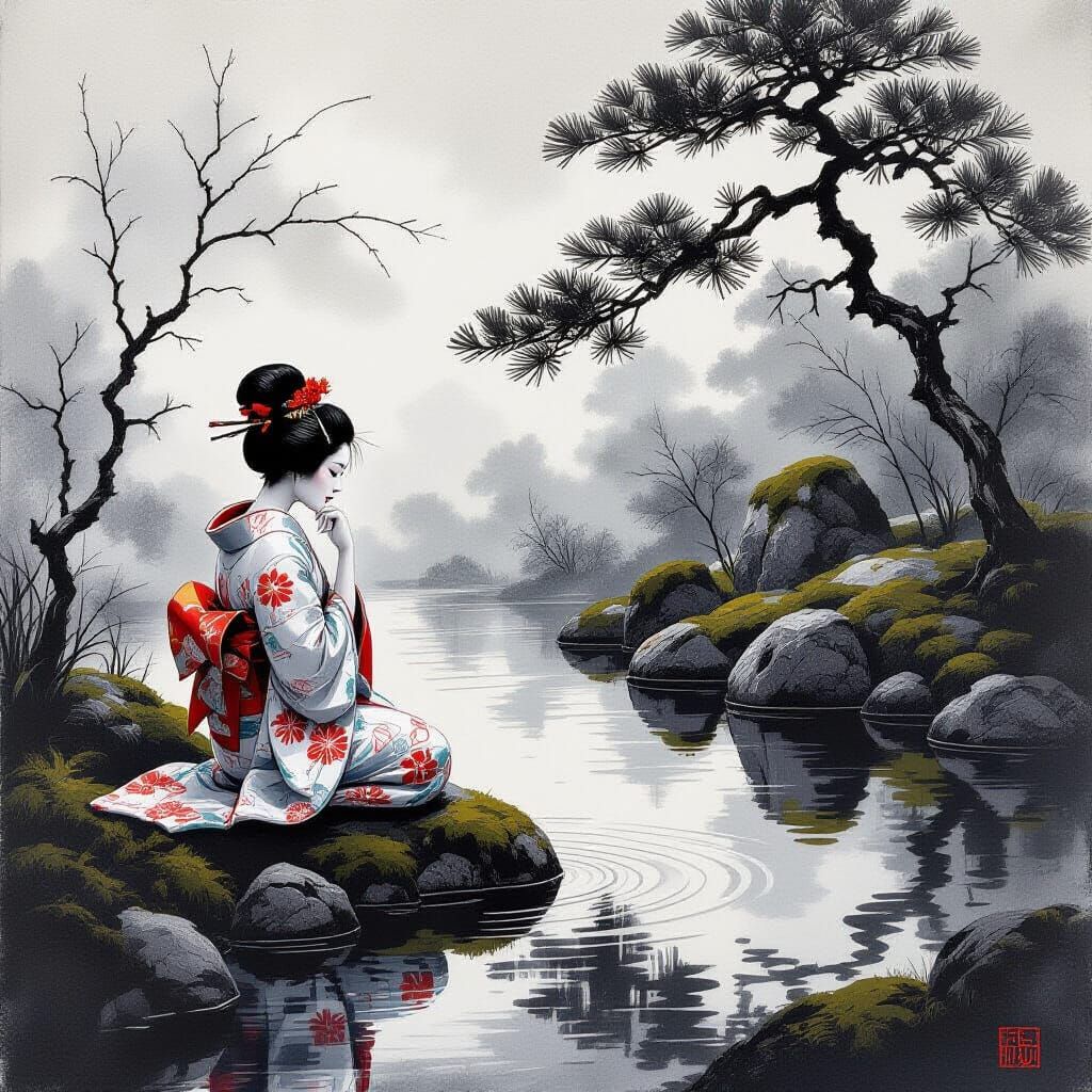 Geisha in Zen Garden: Graphite Drawing Masterpiece
