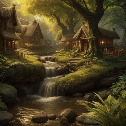 Enchanted Forest Urban Sketch with Mystical Village