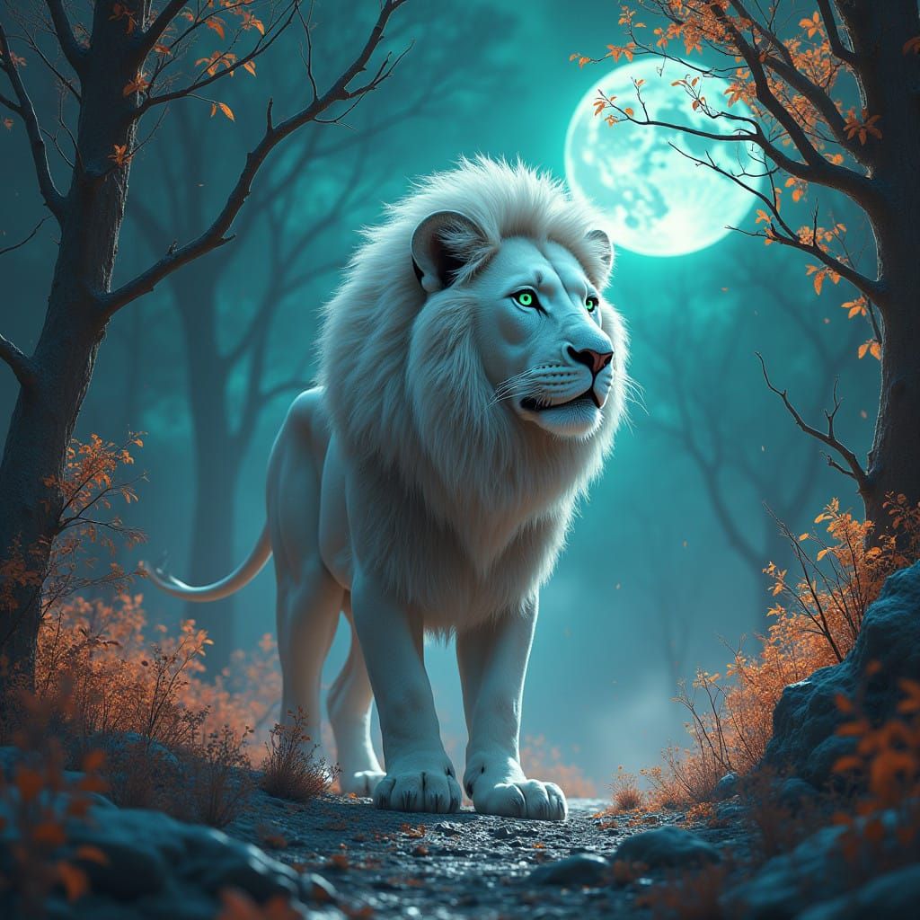 Regal Lion Amidst Iridescent Forest Under Ethereal Moonlight