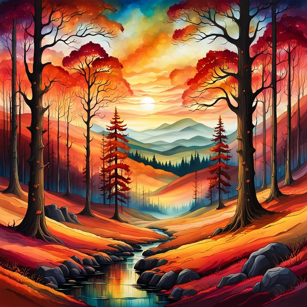 Mystical Autumn Sunset Over Forest as Oil Painting