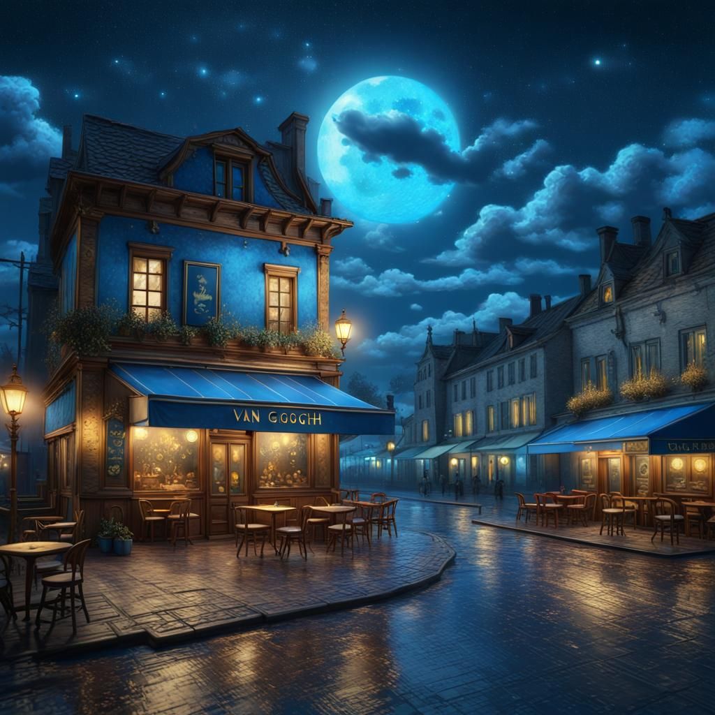 Moonlit Cafe with Blue Clouds in Post-Impressionist Style