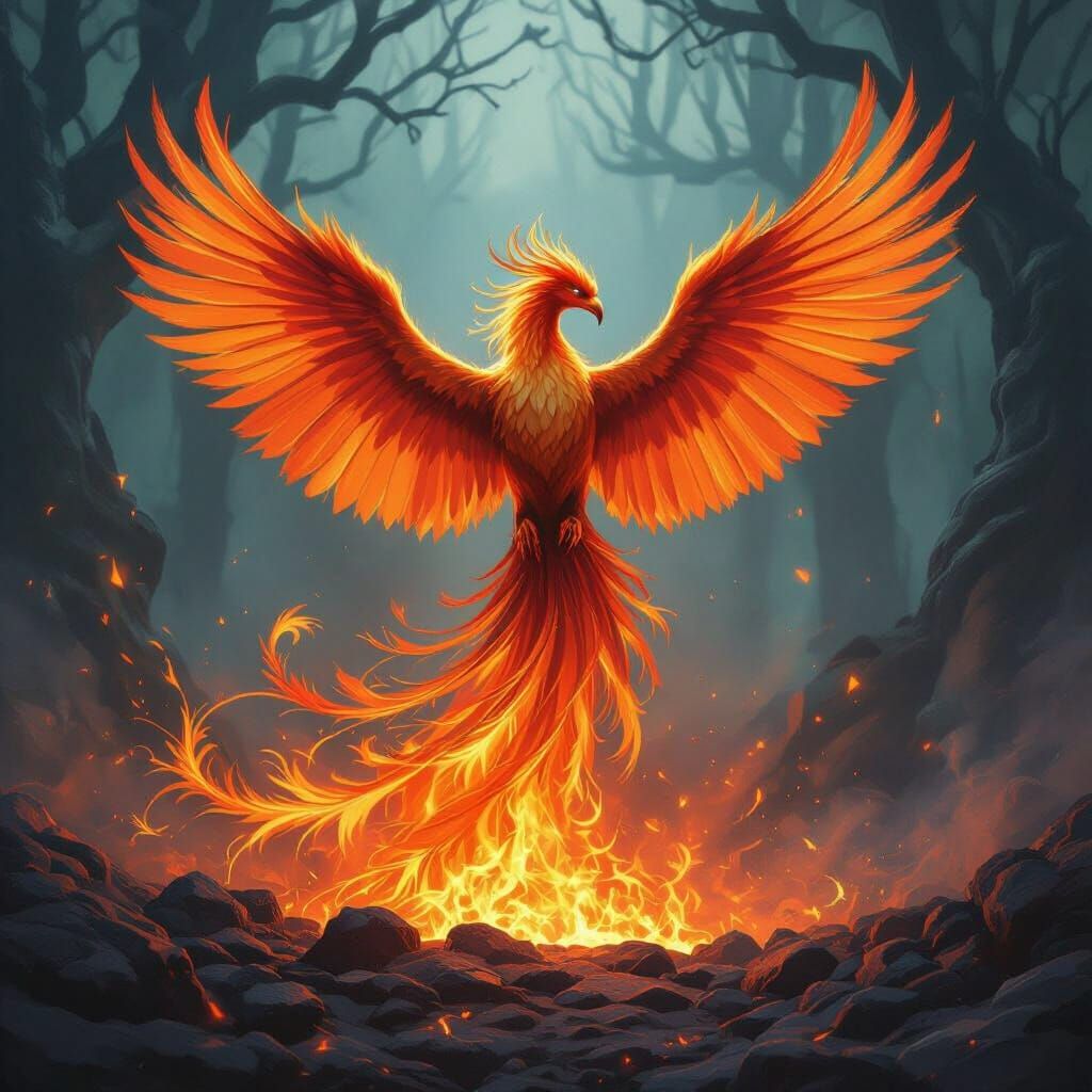 Majestic Phoenix Rises From Embers in Fantasy Art Style