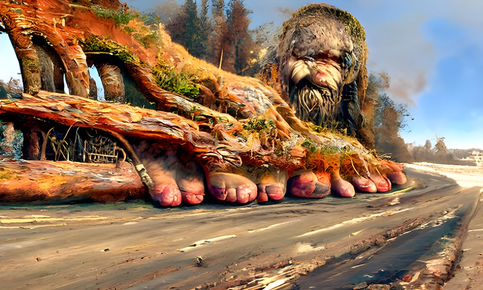 Bigfoot Roadside Encounter in Dark Surrealist Style