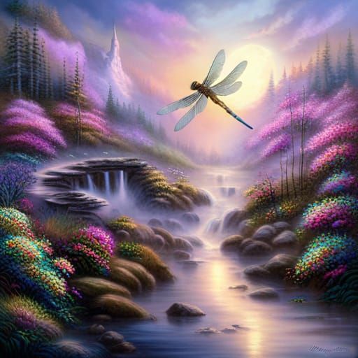 Iridescent Dragonfly Dances in Moonlight: 3D Render