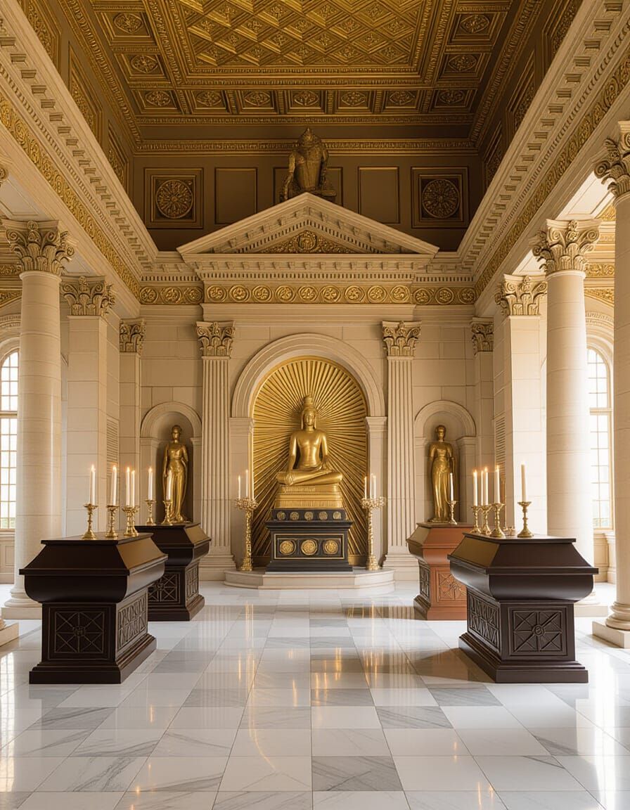 Golden Sacred Hall Interior with Ancient Artifacts
