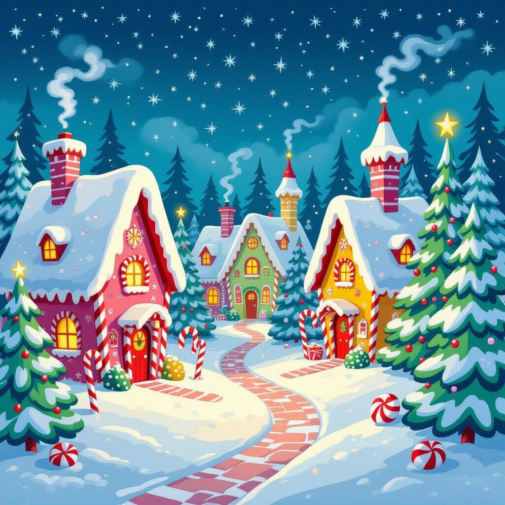 Whimsical Candy Cane Village With Colorful Trees