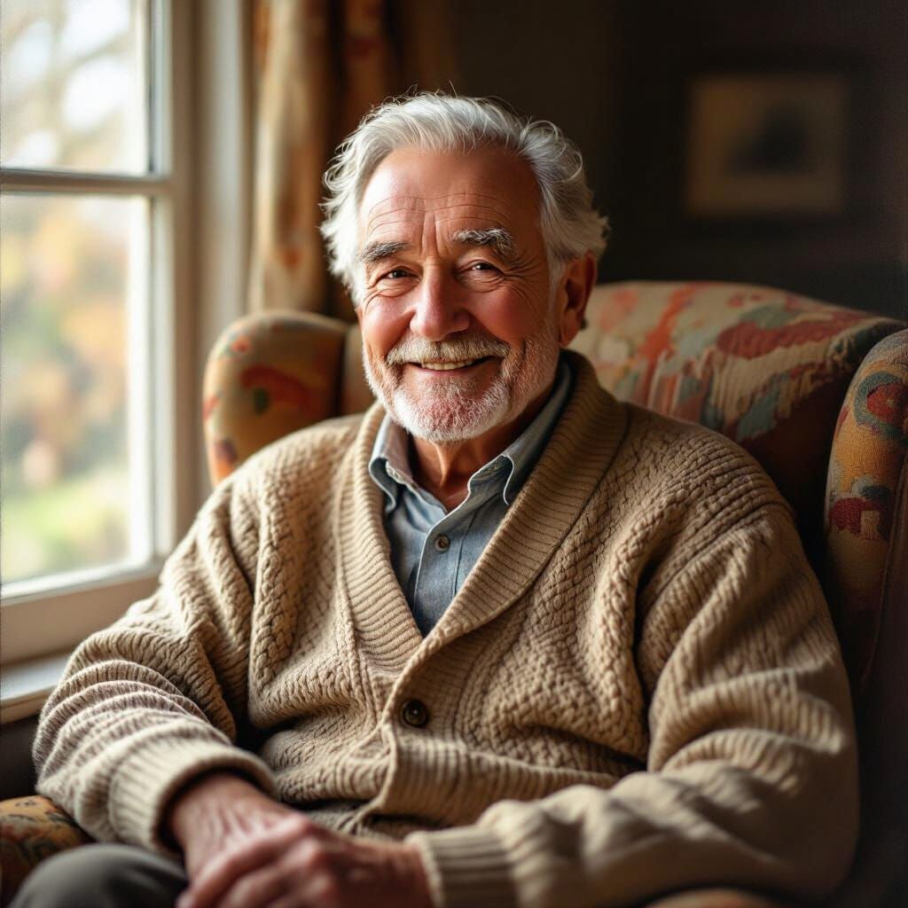 Elderly Grandfather in Cozy Armchair, Impressionistic Style