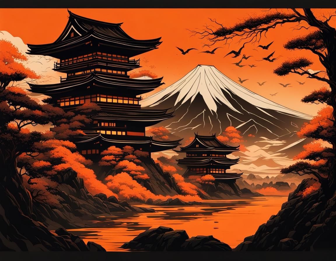 Dark Japanese Horror Landscape with Geometric Symbology