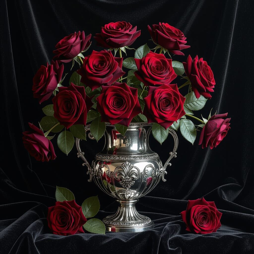 Baroque Still Life of Red Roses in Silver Vase