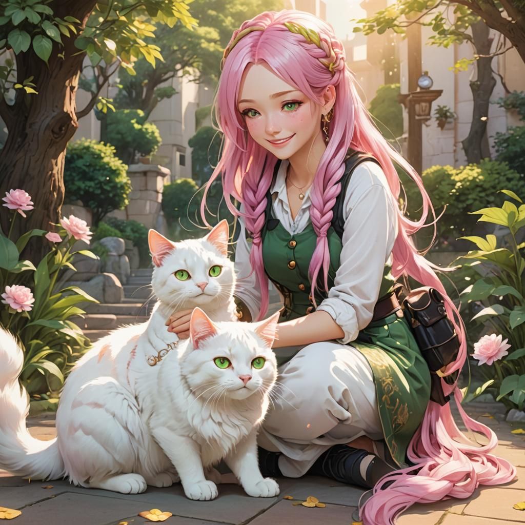 Anime Girl Petting Cat with Pink and Green Braids