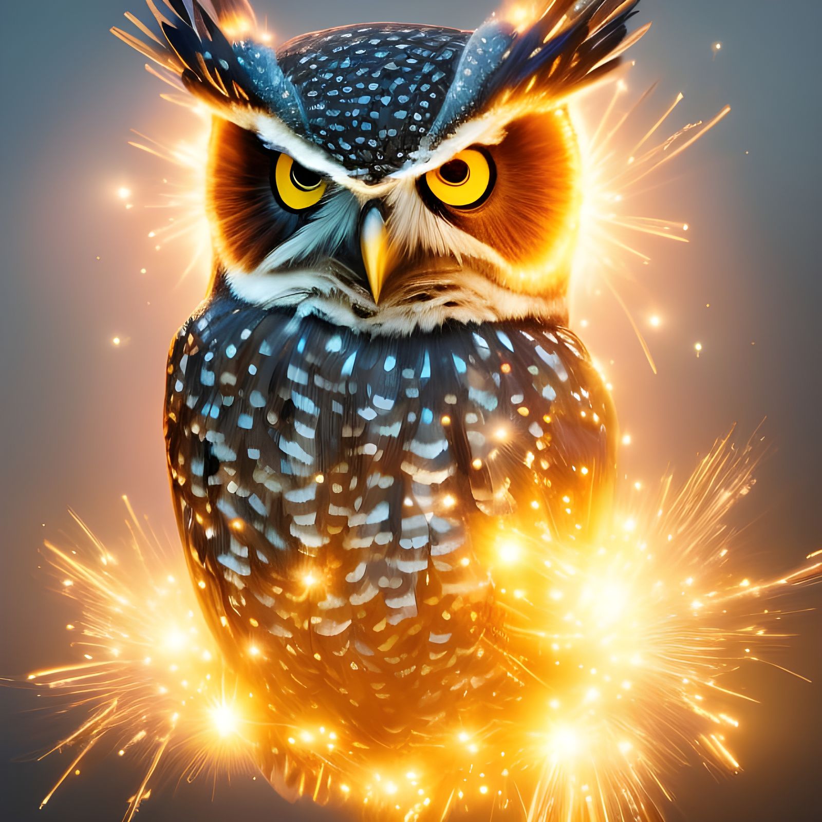 Majestic Owl in Explosion of Sparkles: Photorealistic 8K