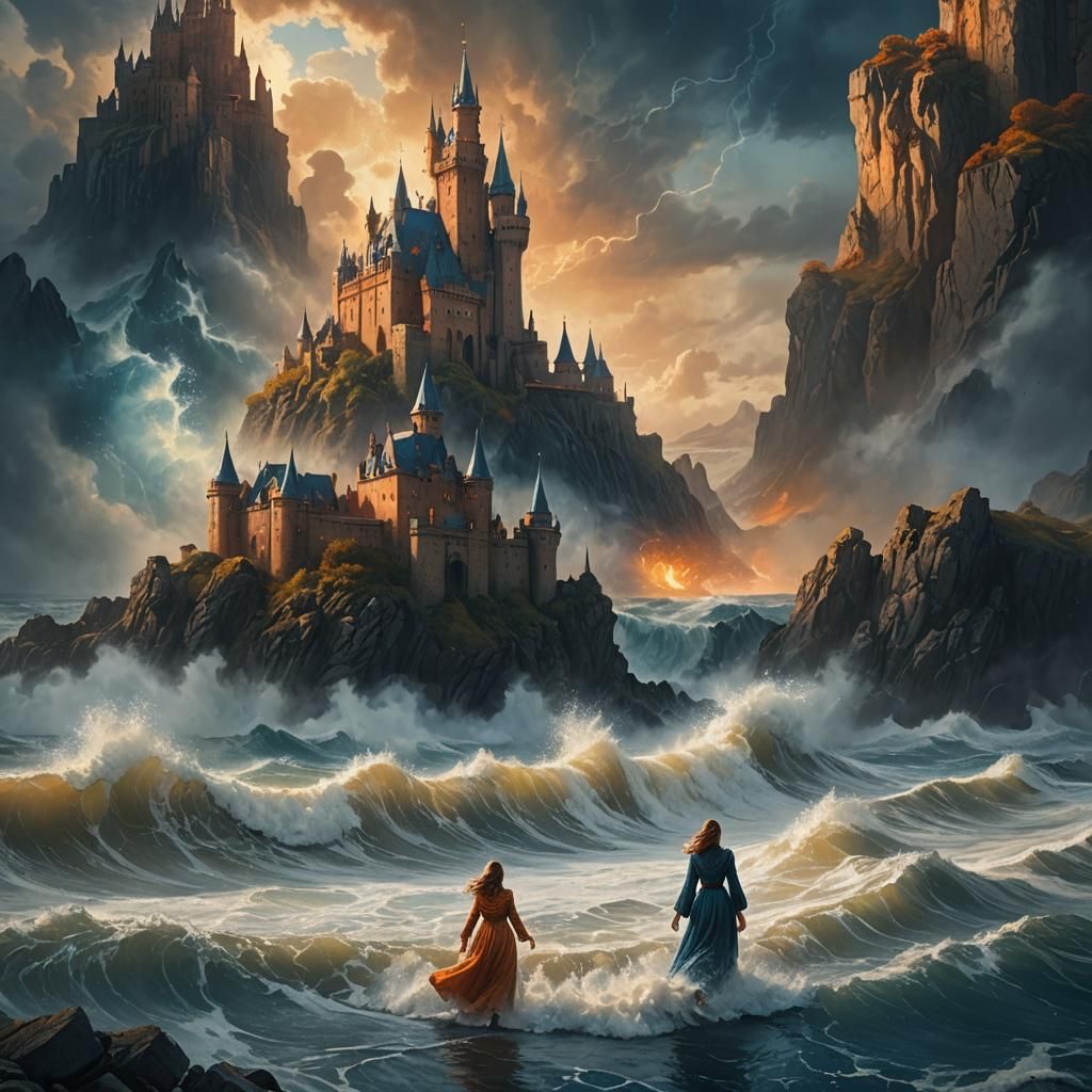 Woman Reaching Castle in Stormy Sea: Matte Painting