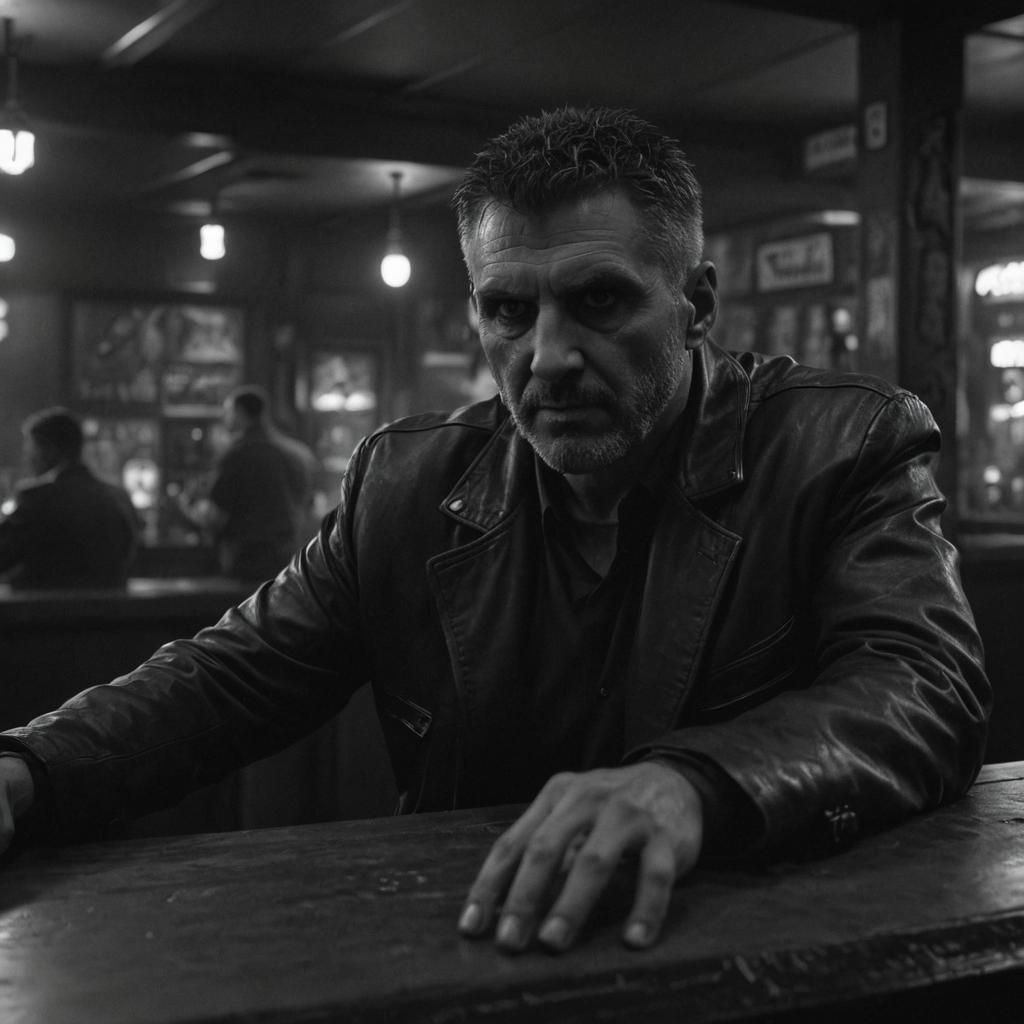 Scary Man in Cyberpunk Bar: Black and White Photo