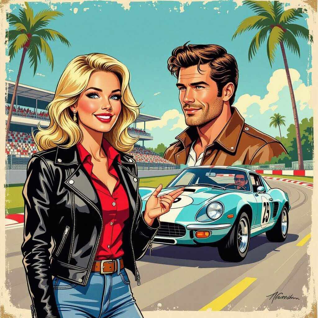 Retro Comic Art Illustration of Woman and Race Car Driver