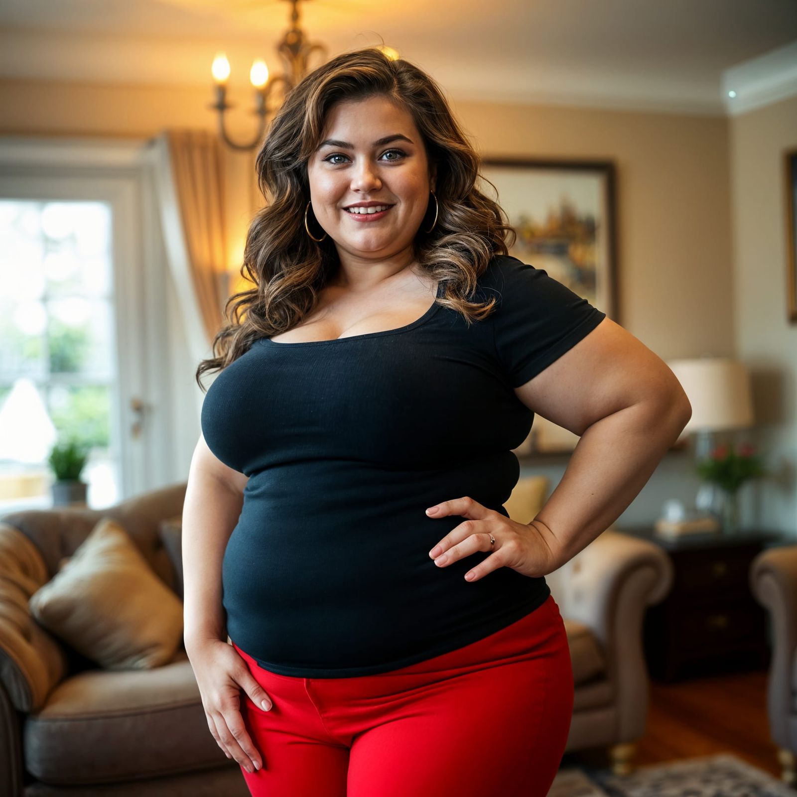 Plus-Size Woman Posing in Living Room, Professional Photogra...