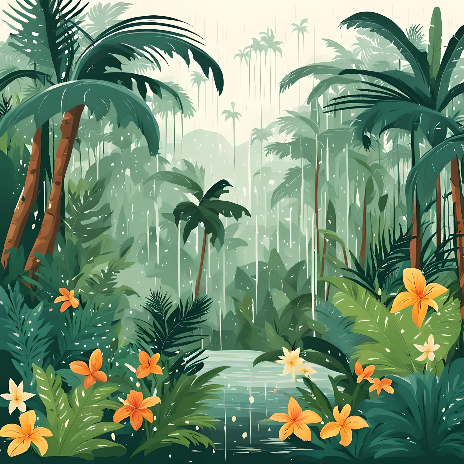 Lush Rainforest Scene with Palms and Wildflowers