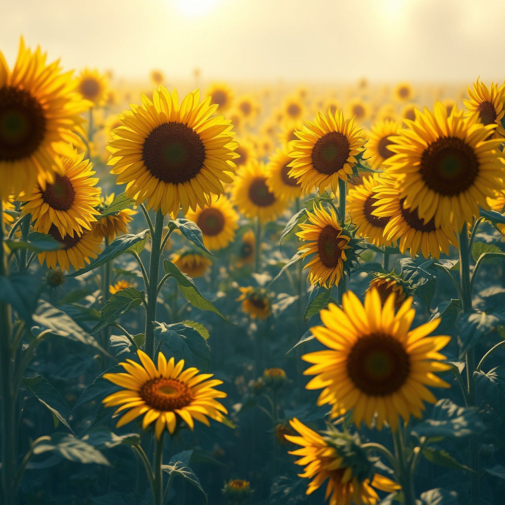 Harvesting Sunflowers in Dreamlike Landscape
