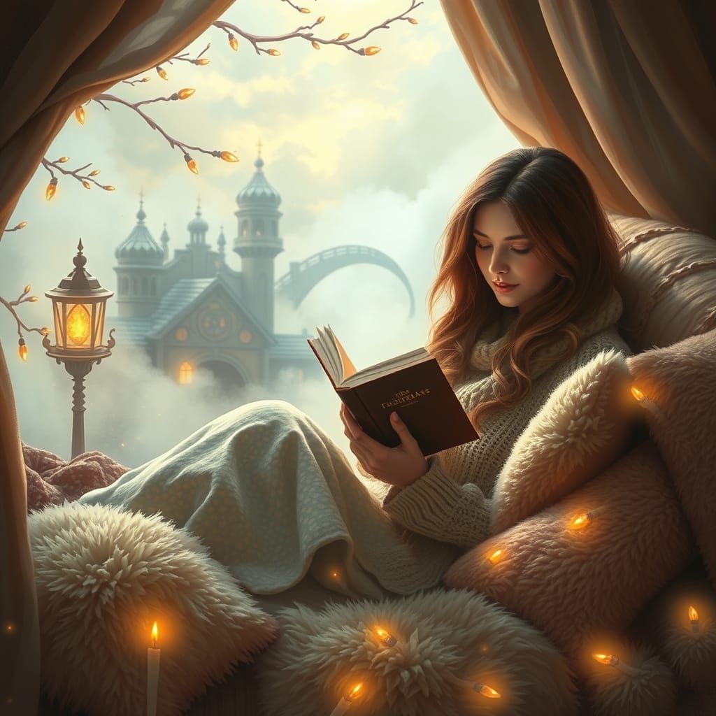 Cozy Reading Nook in Ethereal Landscape
