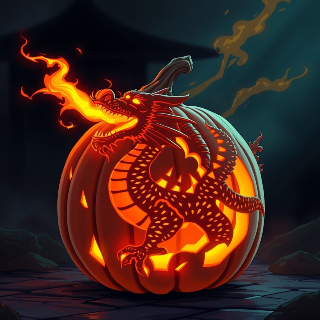 Dragon Carved Pumpkin Breathes Fire in Anime Style