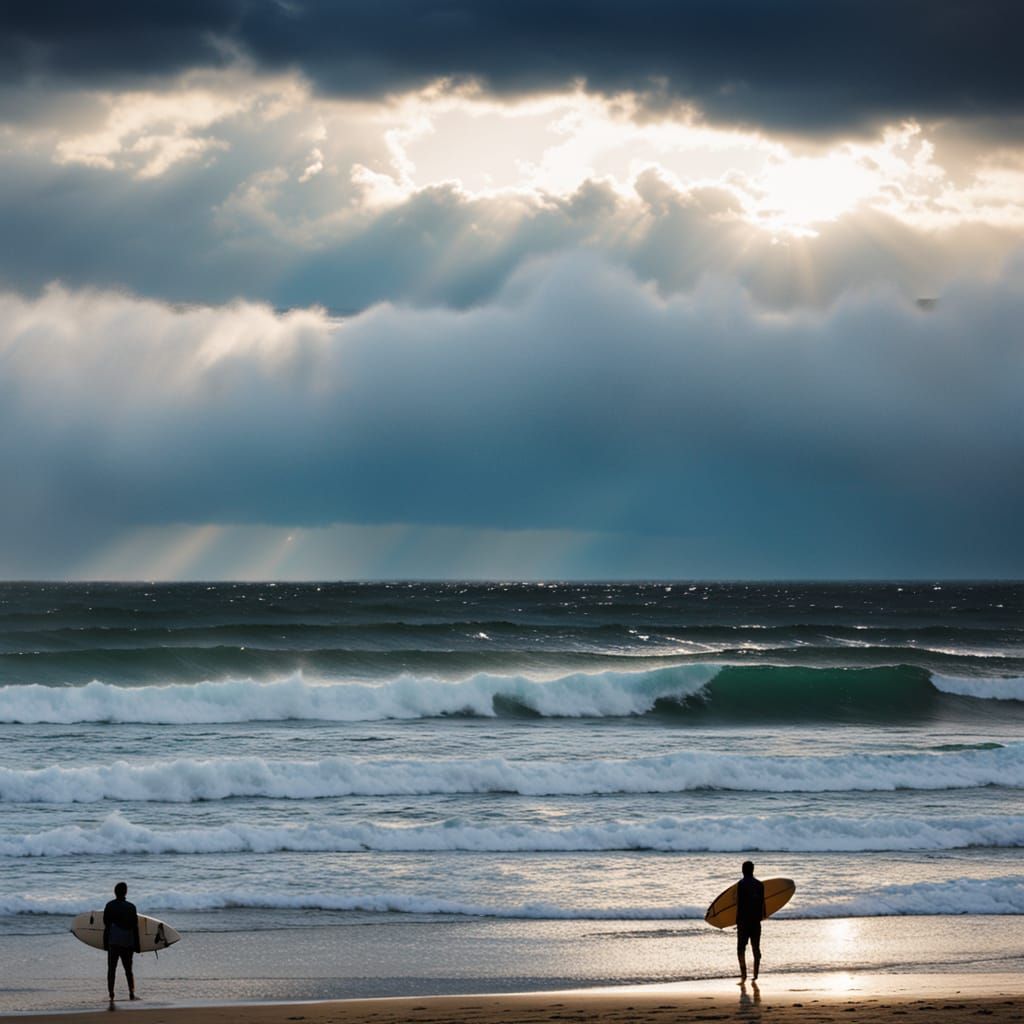 Stormy Beach with Surfers: Professional Photography
