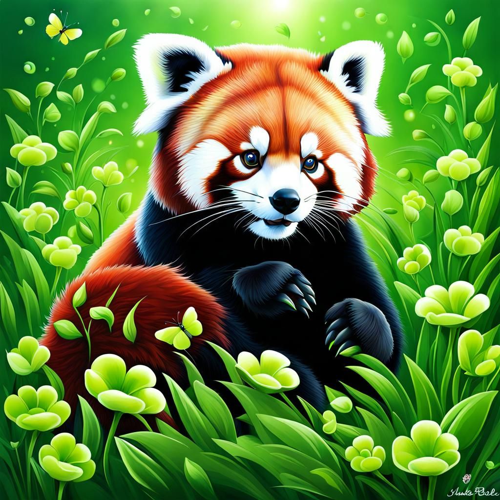 Red Panda Bear in a Green Meadow, Airbrush Art