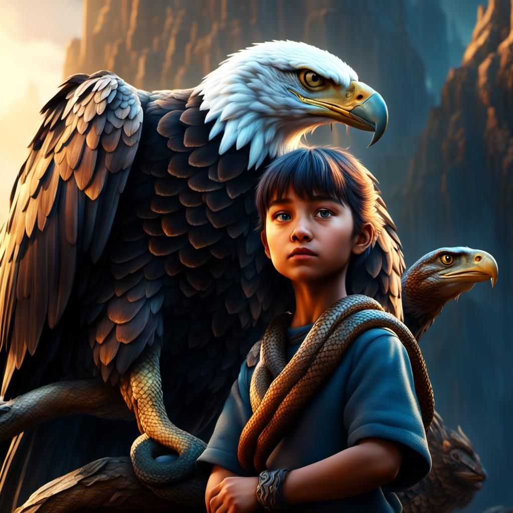 Girl with Eagle and Snake, Fantasy Art