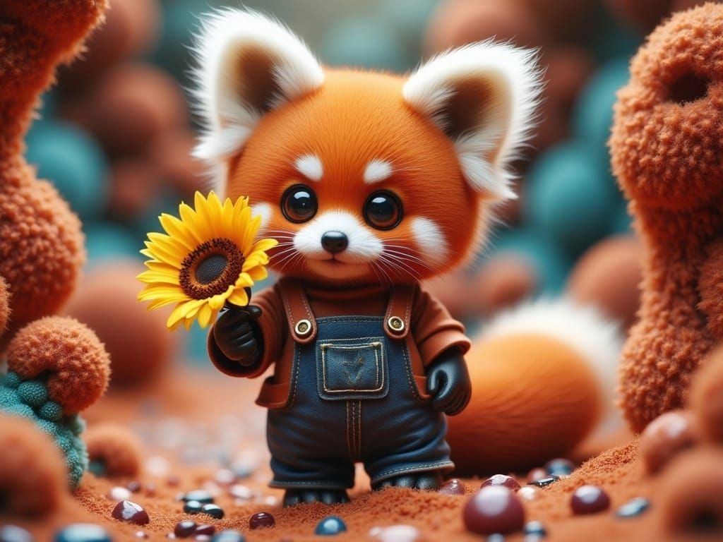 Whimsical Red Panda Hybrid in Colorful Bismuth Fractals