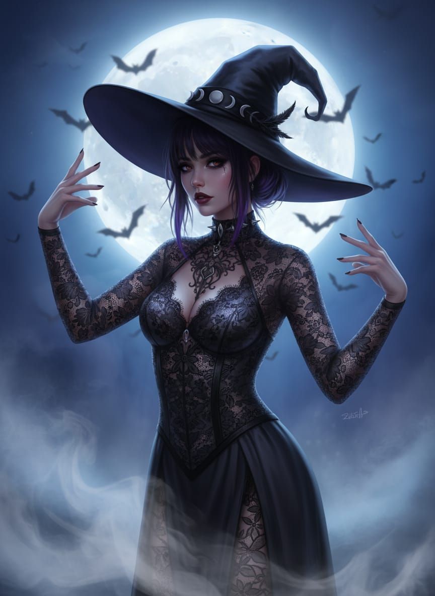 Gothic Halloween Girl in Witch Hat, Moonlit Foggy Night