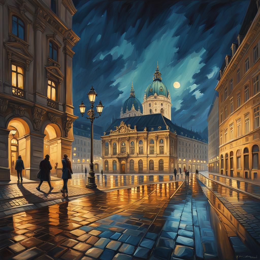 Vienna Cityscape at Night in Oil Painting Style
