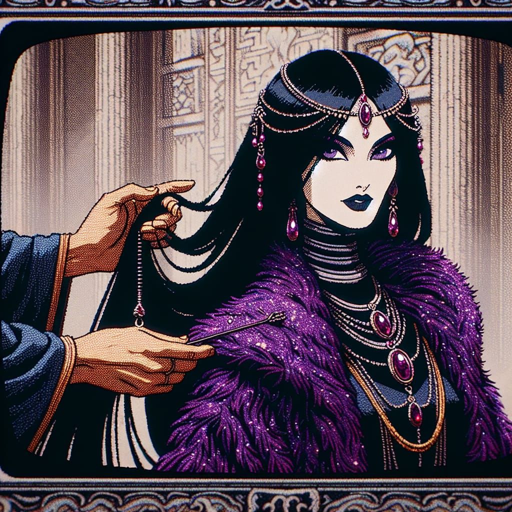 Mystical Sorceress on CRT Television in Vintage Cartoon Styl...