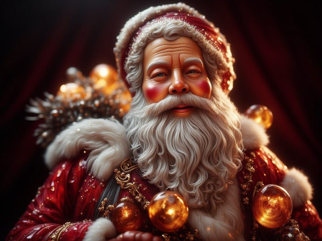 Hyperrealistic Glass Santa Claus Figurine with Gift Sack