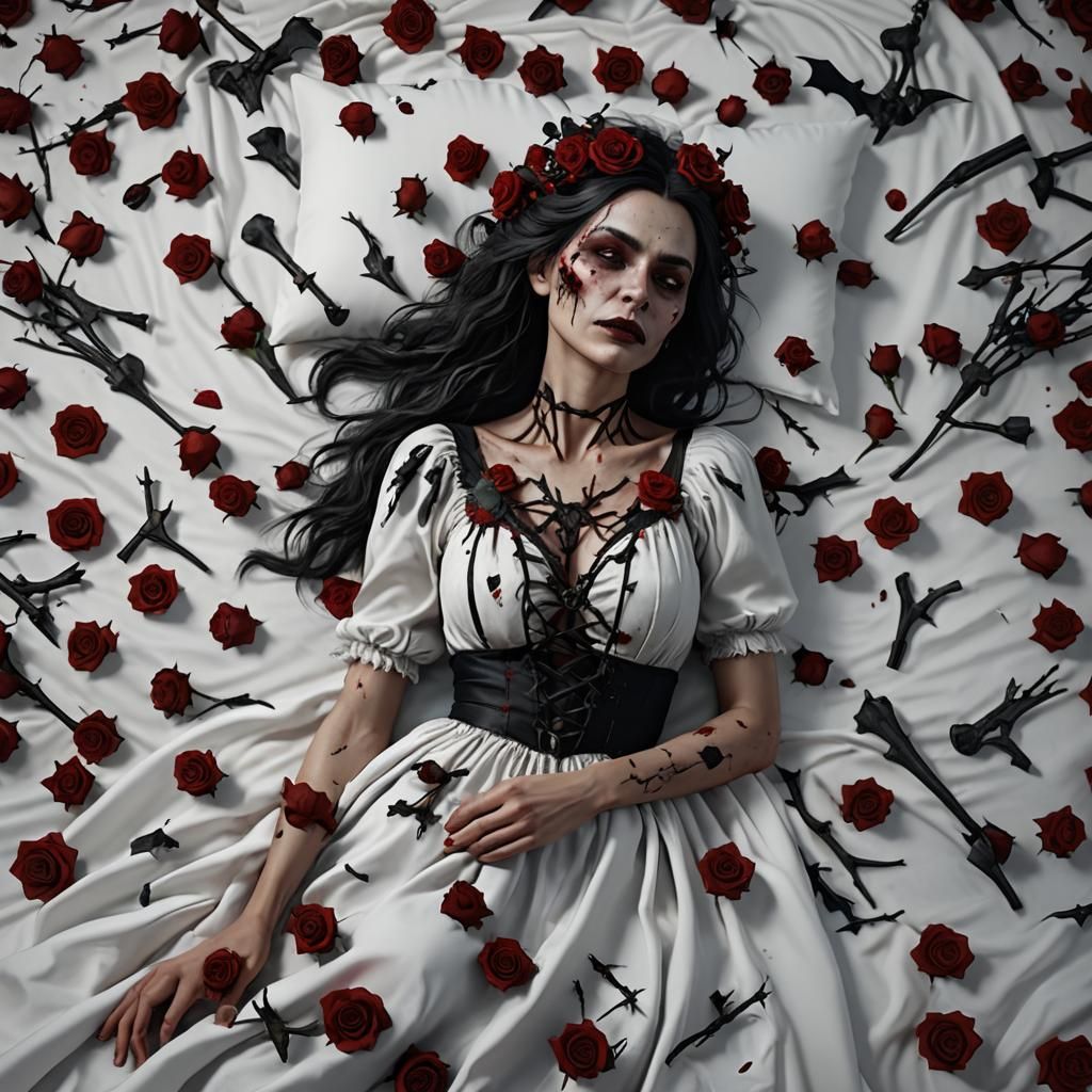 Surreal Witch Goddess Enveloped in Red Roses and Bones