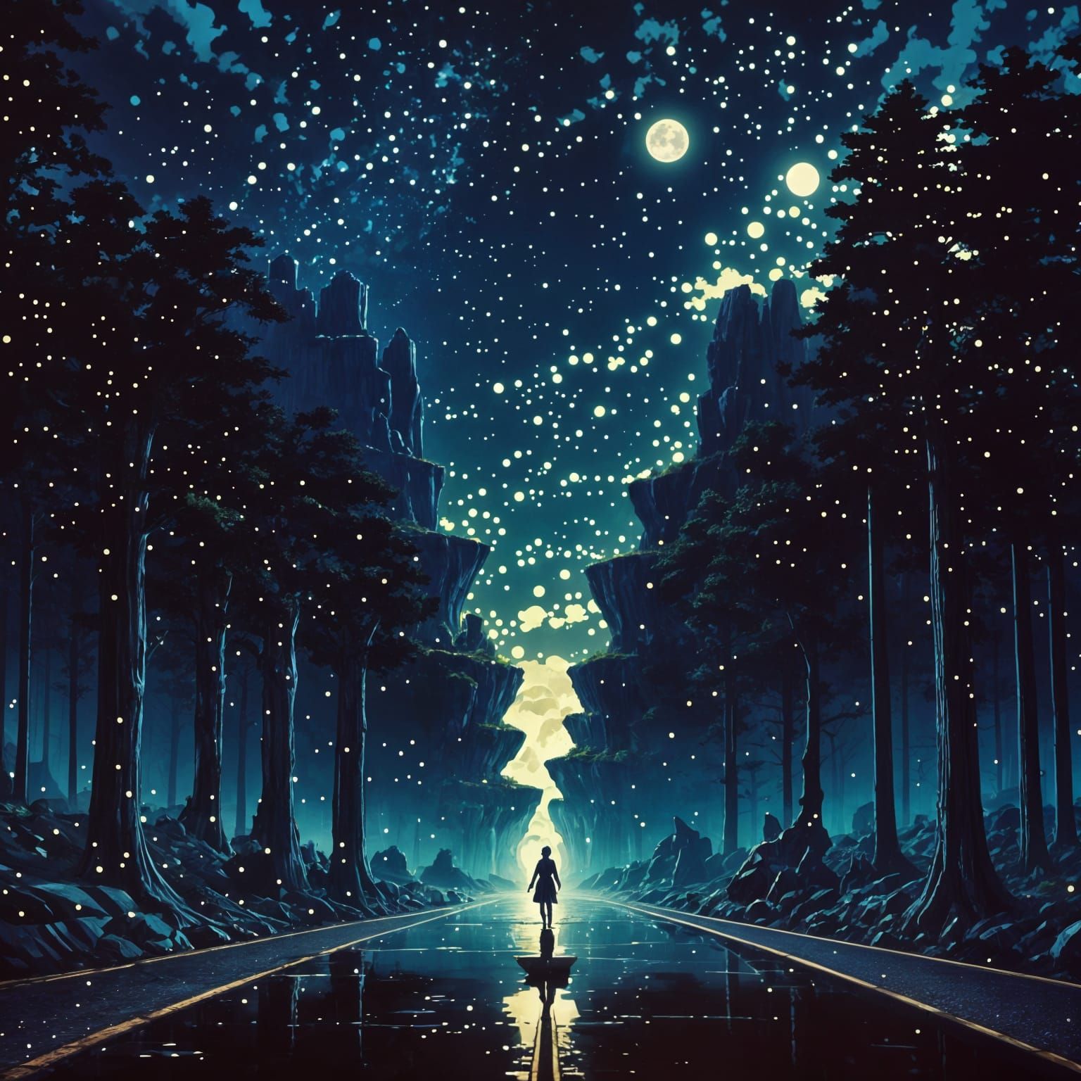 Mystical Night Forest Landscape Under Eerie Moonlight