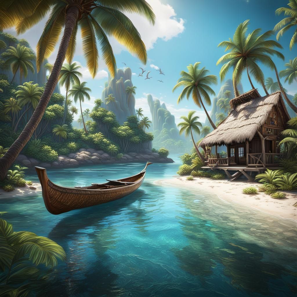 Tropical Hideaway with Canoe: Fantasy Concept Art