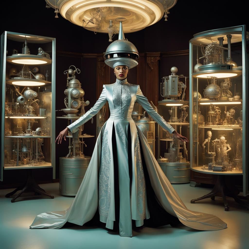 beautiful ethnic magician with futuristic outer-space clothe...