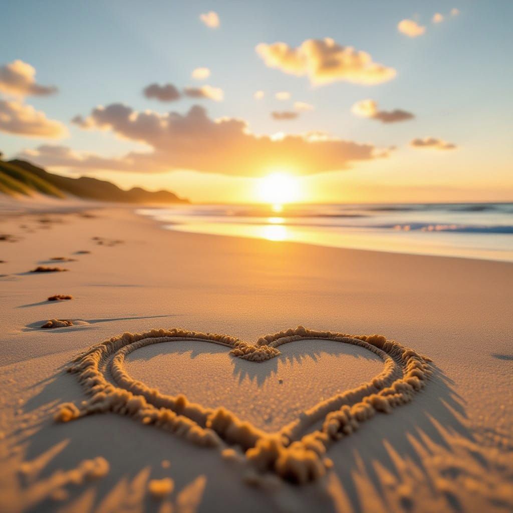 Serene Beach Sunset with Heart in Sand