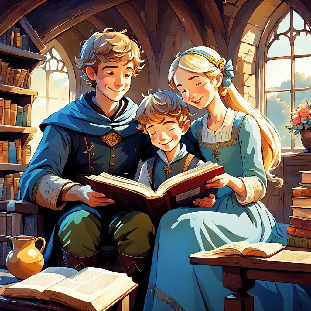 Enchanting Medieval Cartoon Siblings Reading a Book