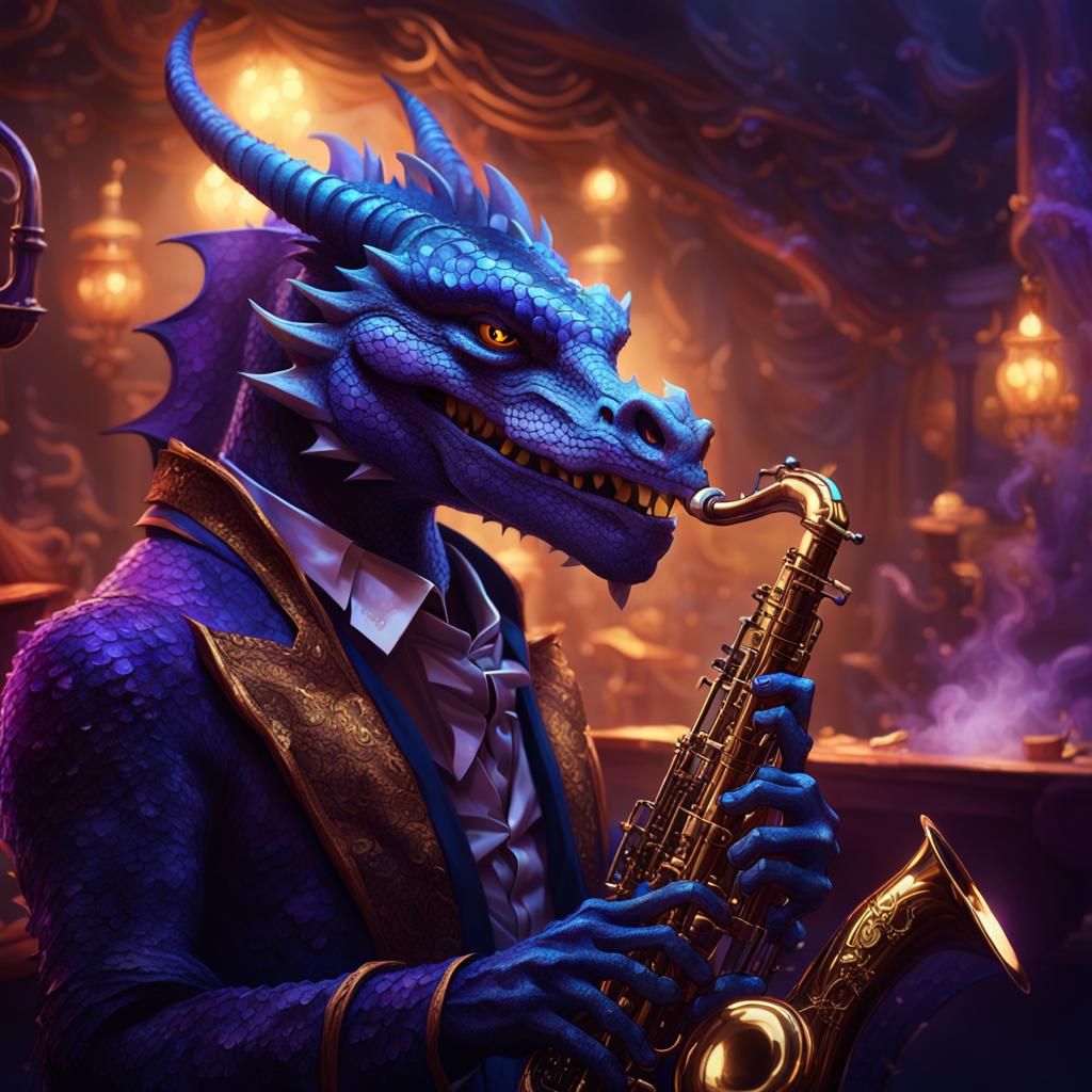 Dragon Saxophonist in Jazz Club: Fantasy Concept Art