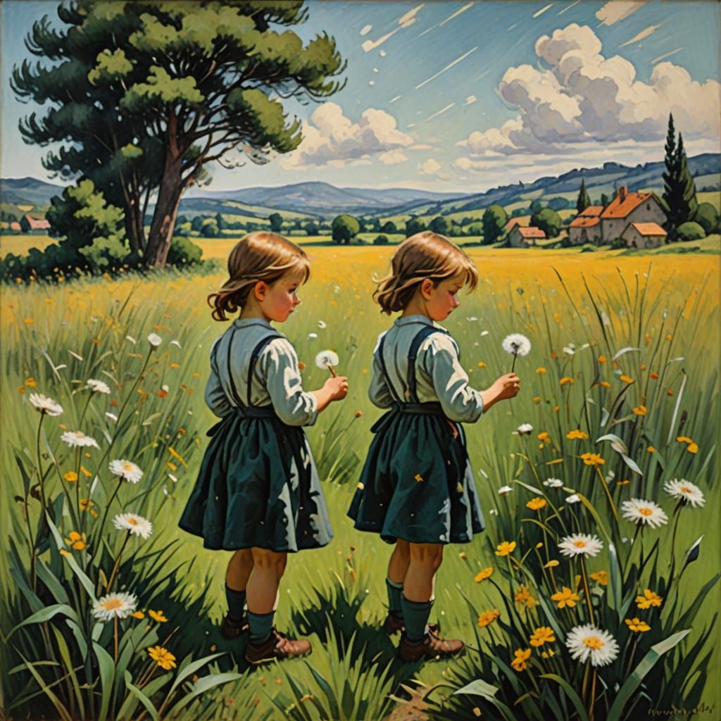 Child with Dandelion in Meadow, Impressionist Style