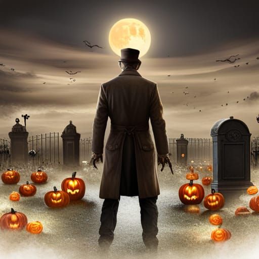 Scary Zombie with Jack-o-Lanterns in Graveyard